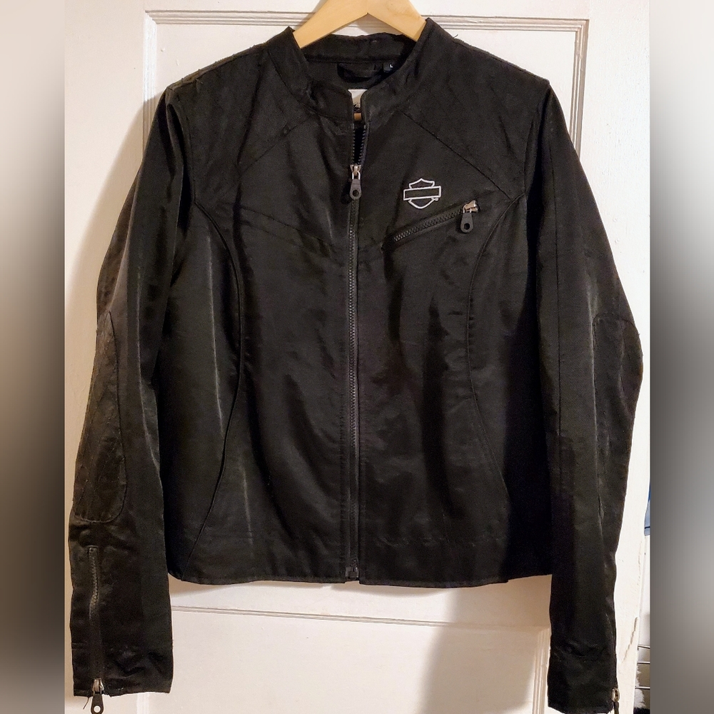 Women L Black Genuine Harley Davidson White Rhinestone Embroidered Riding Jacket